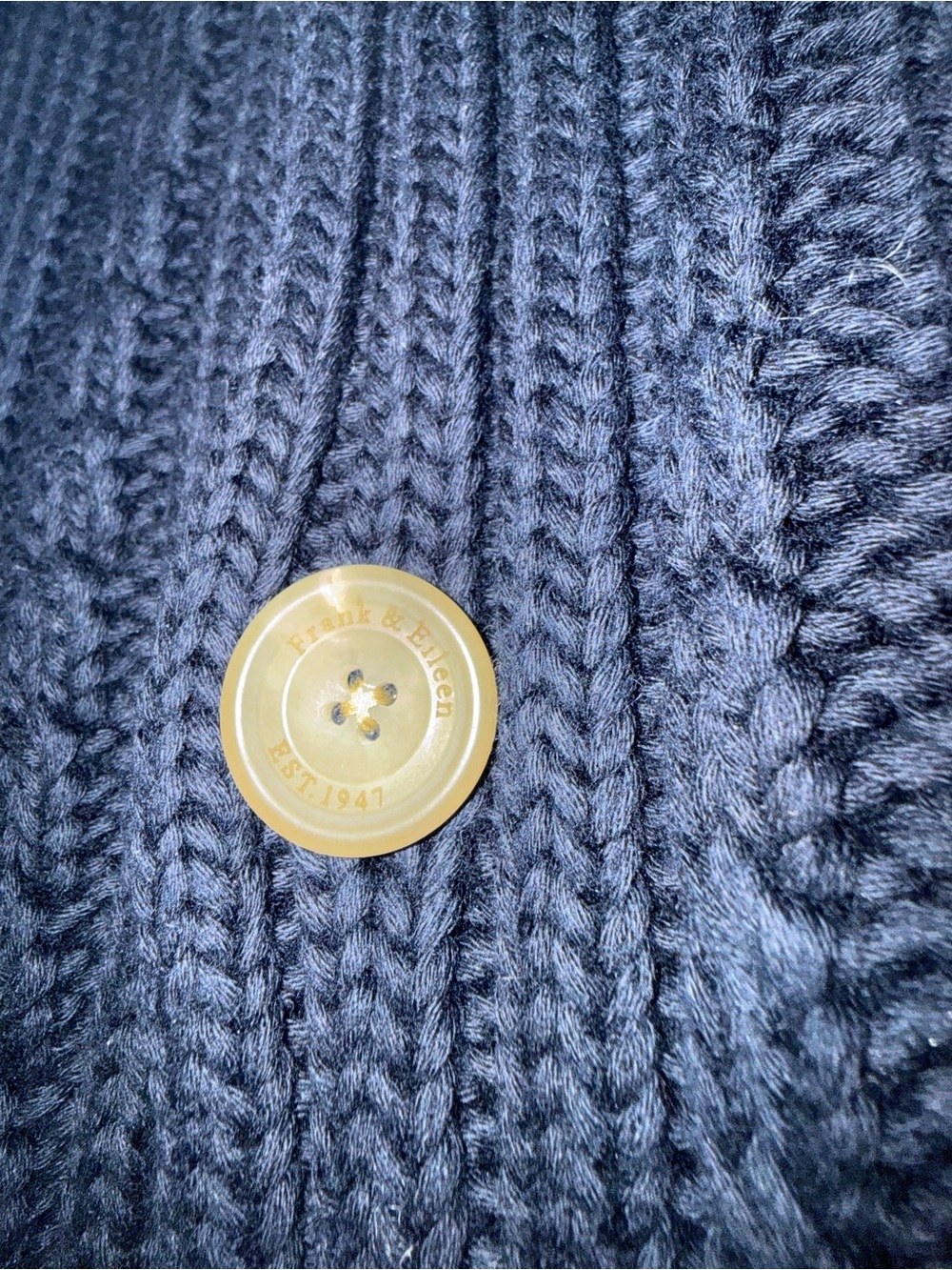 $598 Frank & Eileen Cable Knit Cotswold horn Button Cardigan in navy Blue - Picture 10 of 13